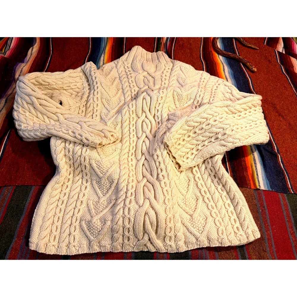 Men's Fisherman Hand Knit Wool Chunky Cableknit Cream Color Sweater XL Chest 44"